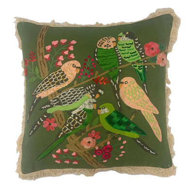 Summer Birds Green Fringed Cushion Cover - 45cm