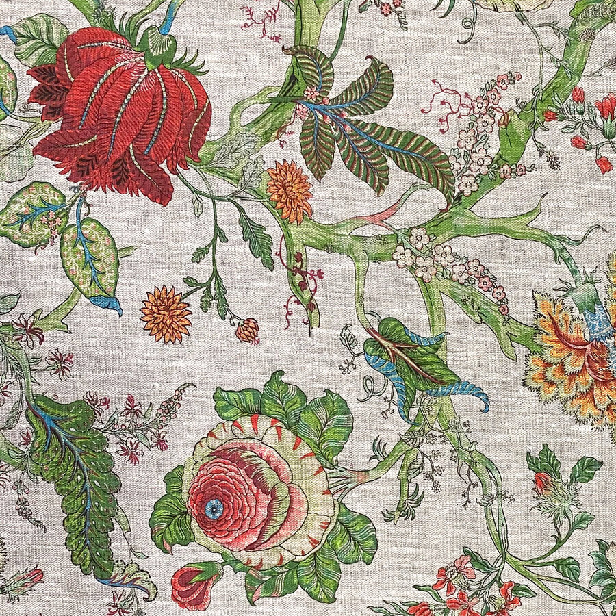 Green and Coral Floral Linen Fabric, Chinoiserie, Curtains and Blinds, Gypsy Floral