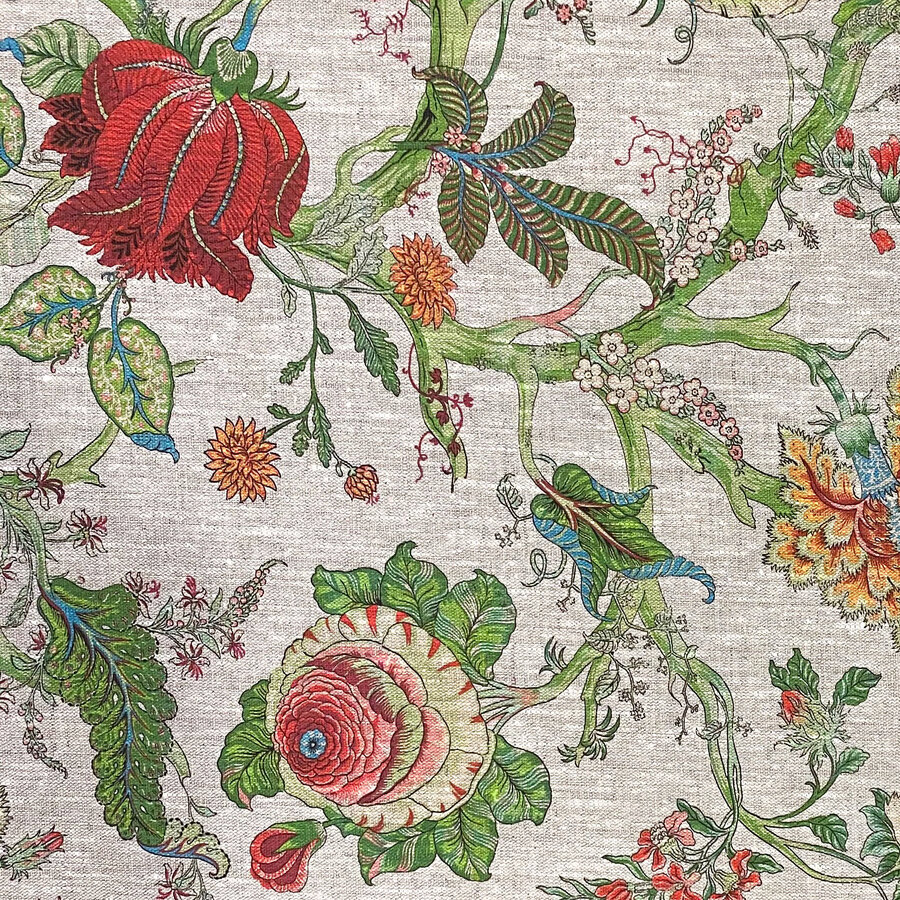 Green and Coral Floral Linen Fabric, Chinoiserie