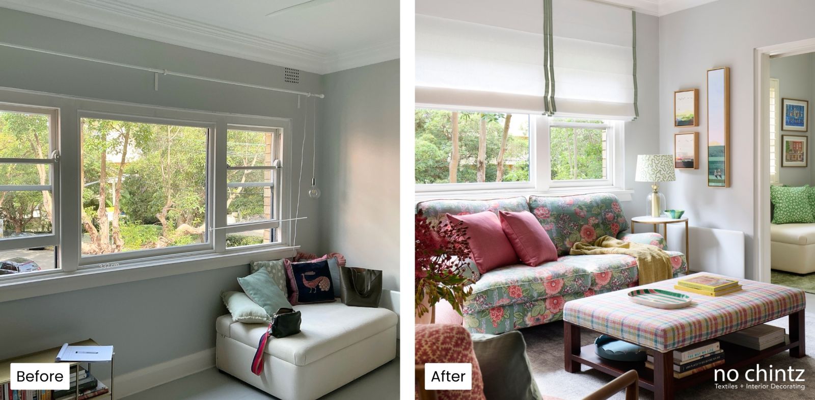 Before and After Custom Blinds Transformation - No Chintz Interior Decorating Sydney