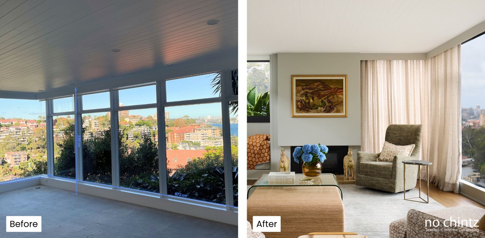 Before and After Custom Curtains Transformation - No Chintz Interior Decorating Sydney
