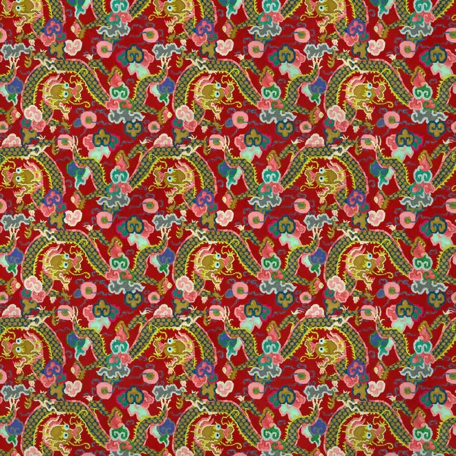 Double Dragon Lacquer Red Fabric - No Chintz Textiles