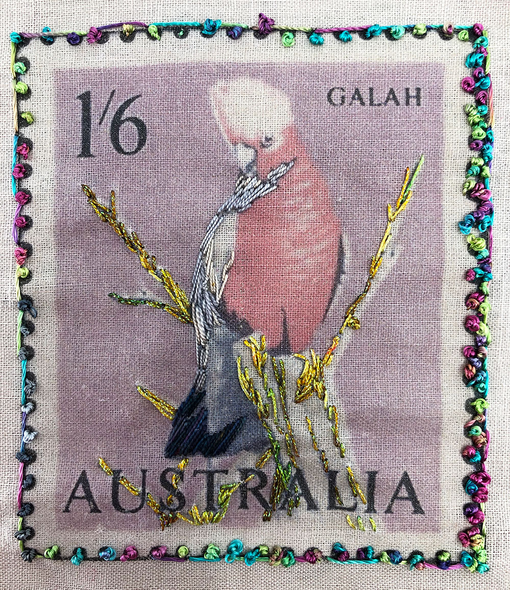 Di Henry - Urban Embroidery - Galah postage stamp hand embroidered artwork