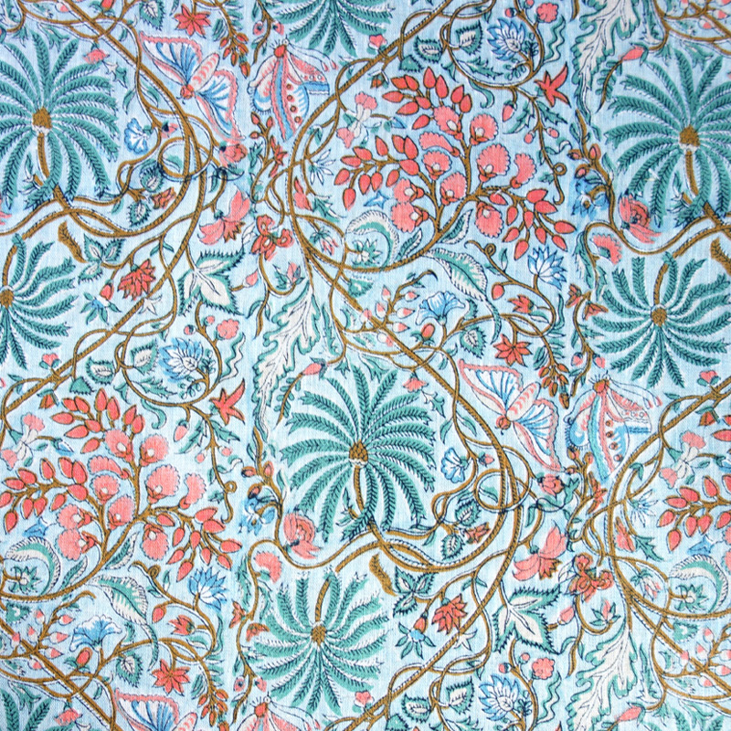 Kerala Garden Aqua - Linen Floral Fabric