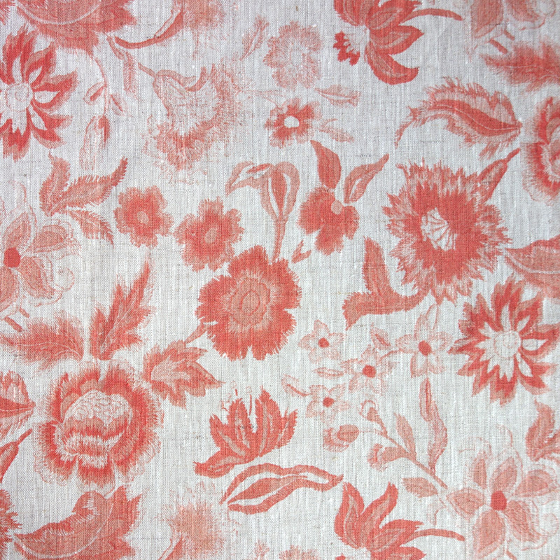 Micky's Crewel Coral - Linen Floral Fabric