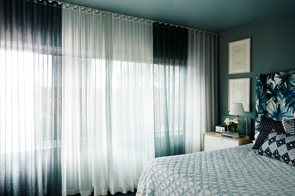 No Chintz Sheer Curtains filter light in this beautiful bedroom