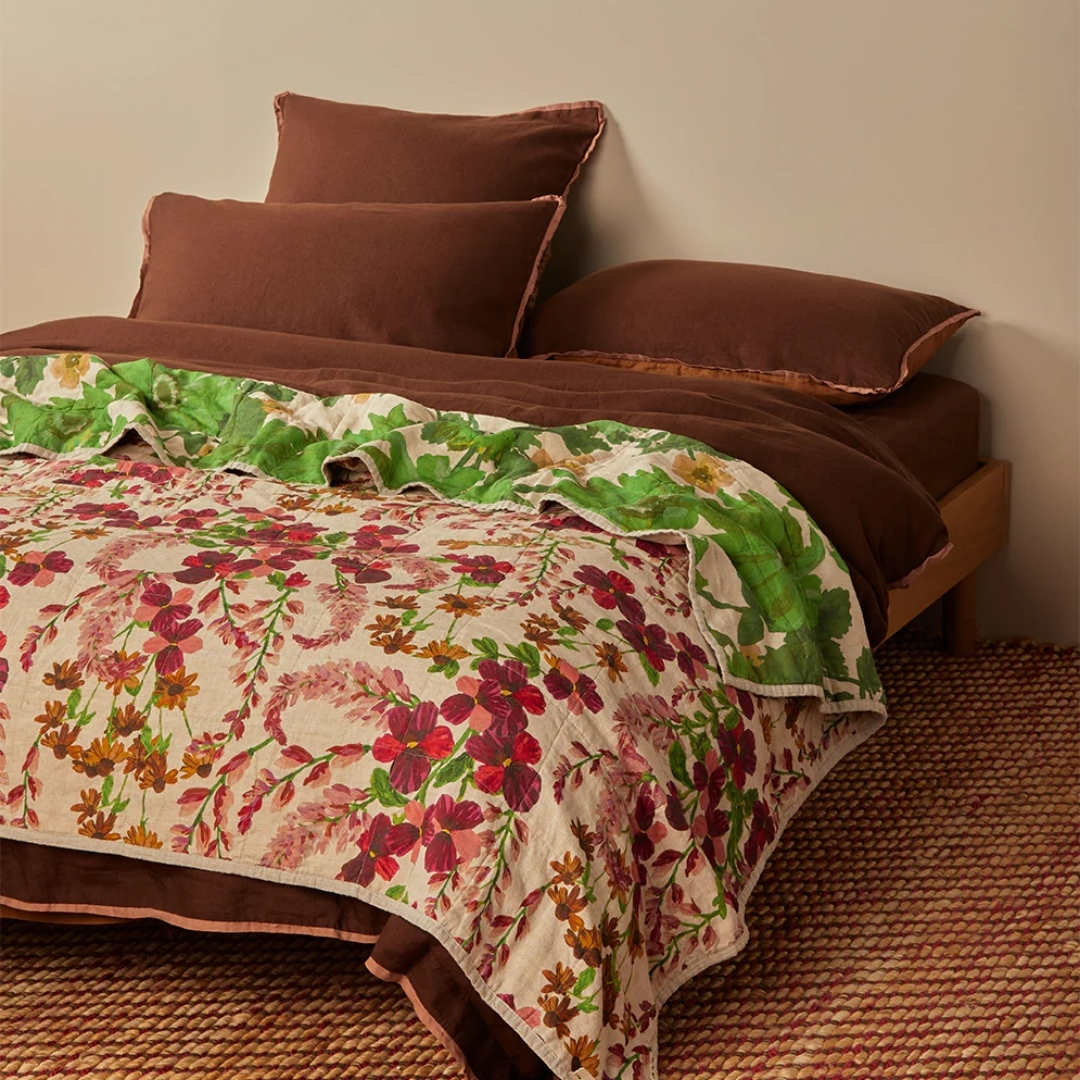 Bonnie & Neil Lupin Multi & Marigold Leaf Linen Quilted Throw | No Chintz Australia