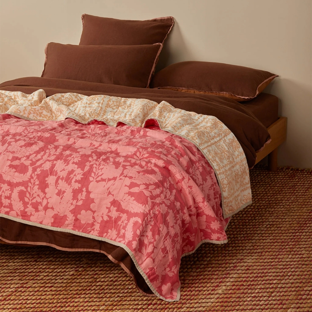 Bonnie & Neil Petal Pink & Daisy Buff Linen Quilted Throw | No Chintz Australia