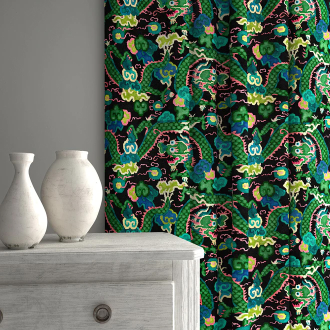 Double Dragon Green Fabric for Custom Curtains - No Chintz Textiles Australia