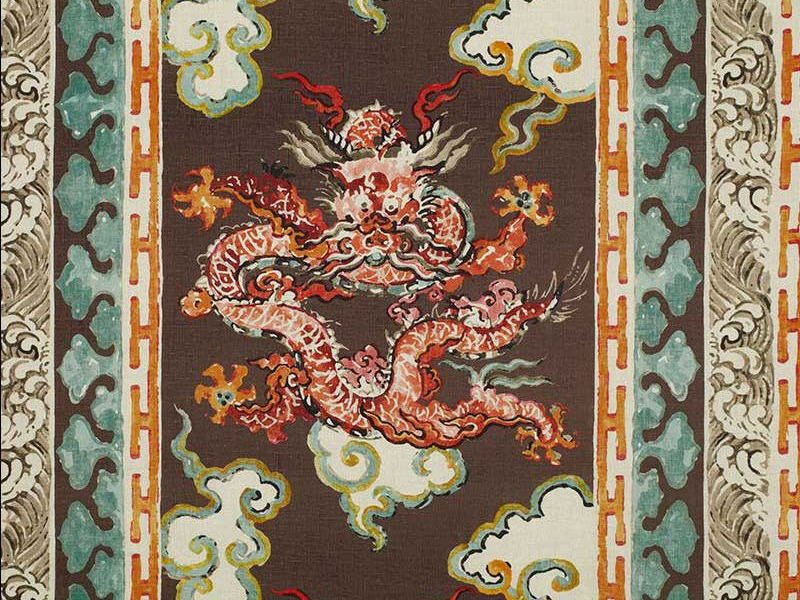Enter The Dragons Chinese Spice Linen Fabric - No Chintz Textiles