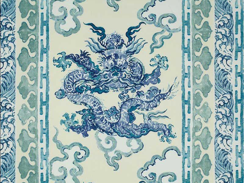 Enter the Dragons Antique Blue Linen Fabric - No Chintz Textiles