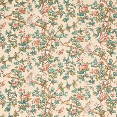 Caverley Chinoiserie Style Printed Linen Fabric - Coral Teal