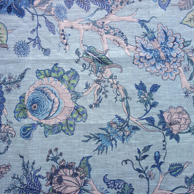 Gypsy Floral Printed Linen Fabric - Aqua