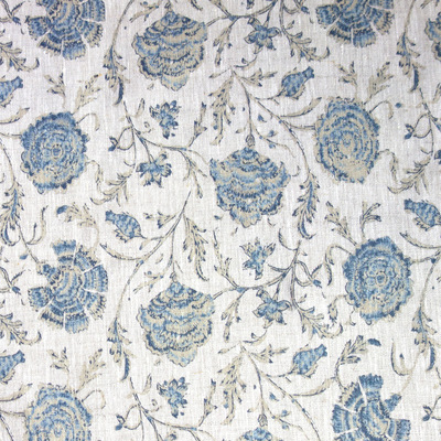 Antique Floral 100% Linen Fabric - Indigo