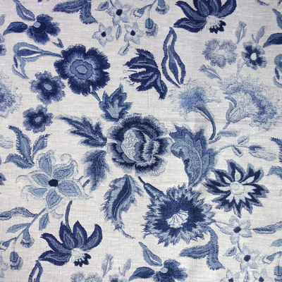 Micky's Crewel Floral 100% Linen Fabric - Indigo