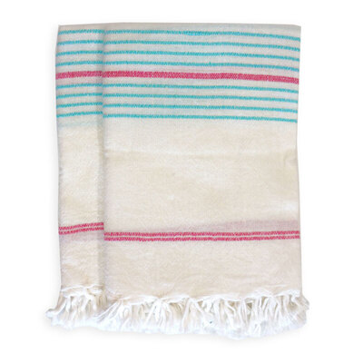 Striped Hand Towel - Aqua/Pink - Set of 2
