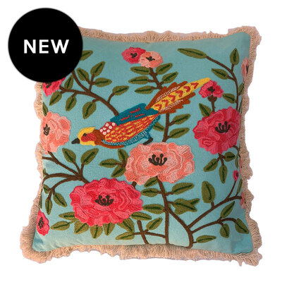 Summer Birds Aqua Fringed Cushion Cover - 45cm
