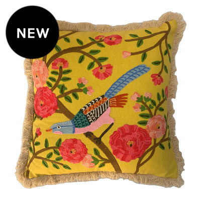Summer Birds Yellow Fringed Cushion Cover - 45cm