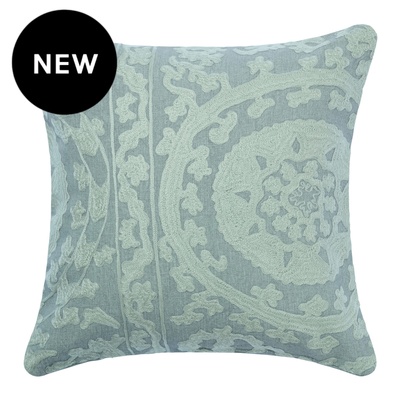 Crewel Soft Blue Embroidered Linen Cushion Cover - Various Sizes