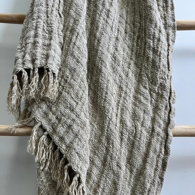 Felix Knotted Fringe Linen Throw - Natural/White