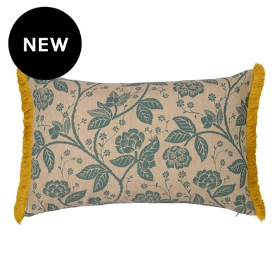 Verandah Floral Teal with Ruche Mustard Fringe Cushion Cover - 35cm x 55cm