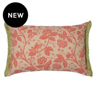 Verandah Floral Coral with Ruche Fern Fringe Cushion Cover - 40cm x 60cm