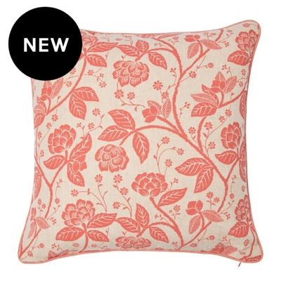 Verandah Floral Coral with Ruff Brick Piping Cushion Cover - 50cm